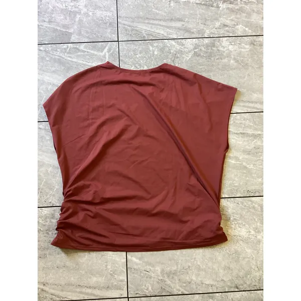 Halara NWOT Short Sleeve V-Neck Ruched Faux Wrap Top Terracotta Red - Image 5