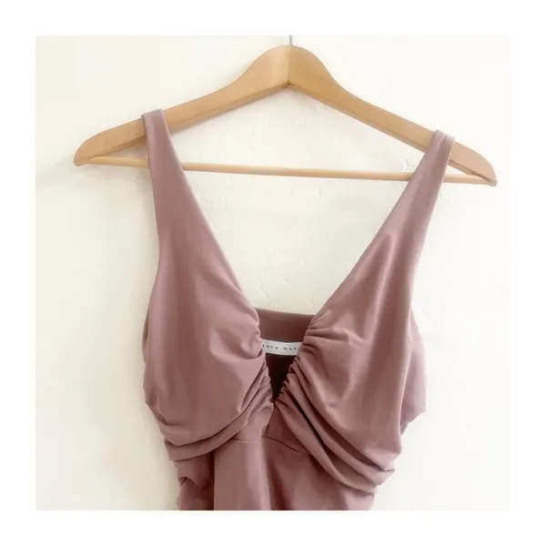 Susana Monaco Ruched Dress Womens S Taupe Sleeveless Deep V Neck Coctail Party - Image 4