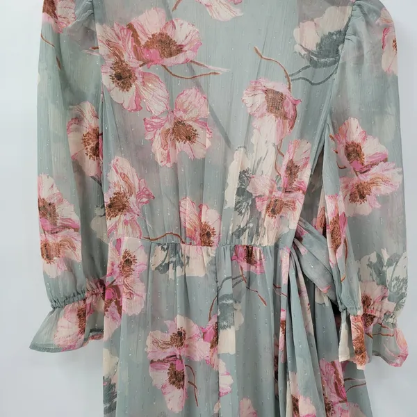 Express Wrap Dress Womens S/M Green Floral Watercolor Sheer Tiered Long Maxi - Image 12