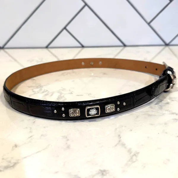 Vintage Brighton black leather embossed silver tone hardware floral accents - Image 4