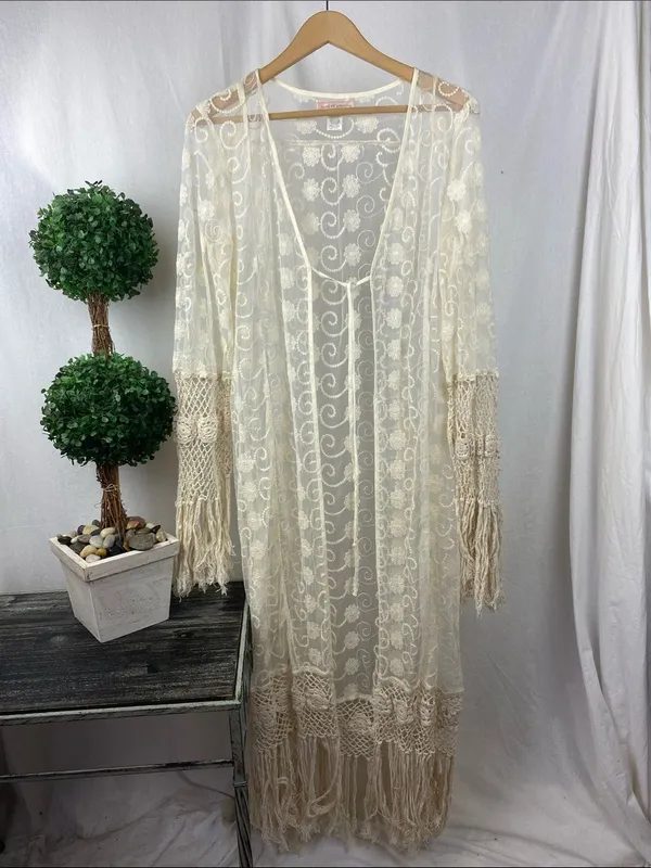 Band of Gypsies Cream Ivory Sheer Crochet Fringe Open Front Boho Duster M - Image 2