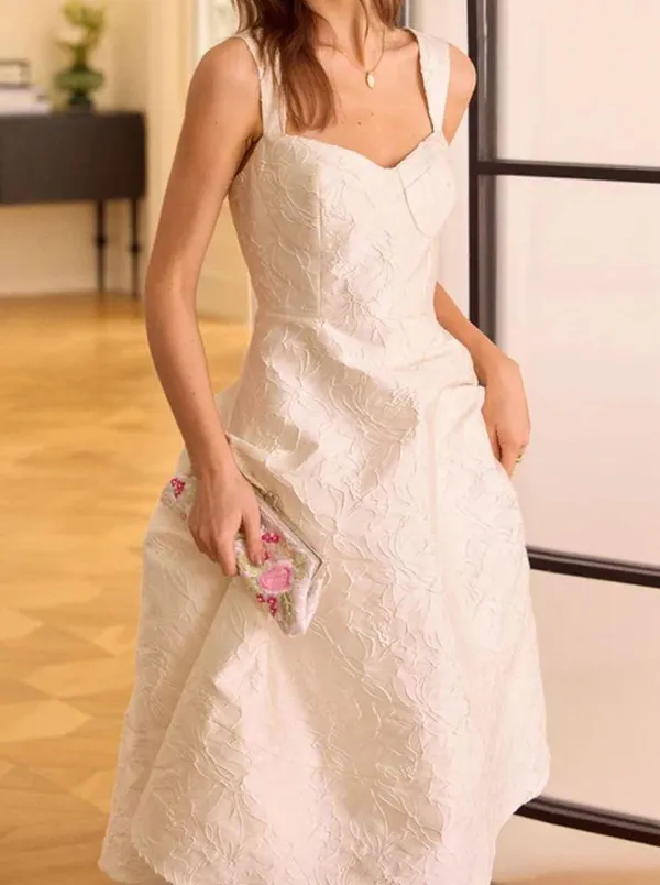 Rihoas White Sweetheart Neck Jacquard Midi Dress - Image 4