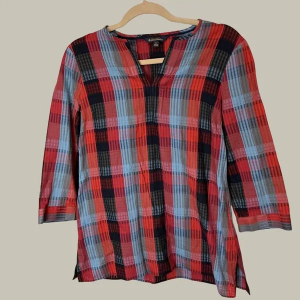 Brooks Brothers Womens Red Blue Plaid Cotton 3/4 Sleeve V-Neck Tunic Top Size 4 - Image 2