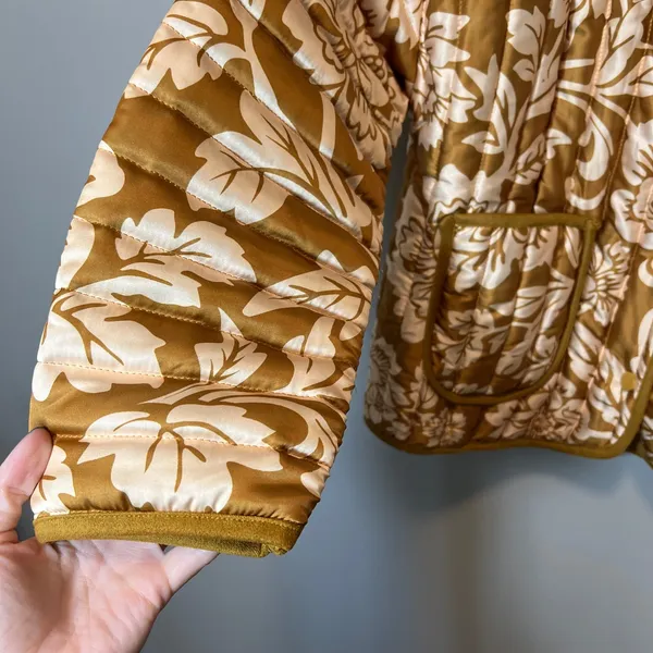 Flying Tomato Floral Quilted Puffer Jacket Mustard Gold Cream Boho Medium - Image 6