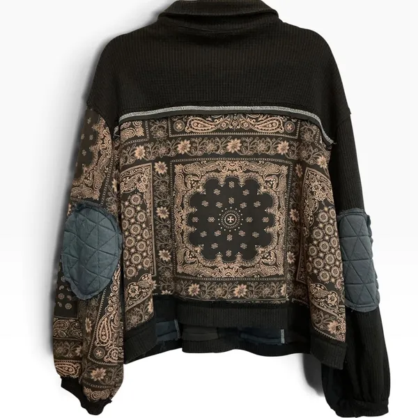 POL Black Bandana Patchwork Waffle Knit Quilted Jacket GKJ37 Womens Medium - Image 5