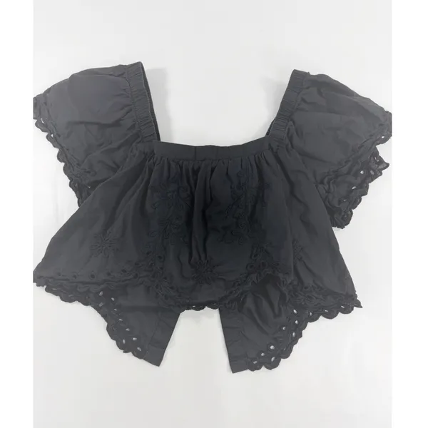 American Eagle Black Eyelet Embroidered Tie Back Crop Top Small Square Neck Puff - Image 3