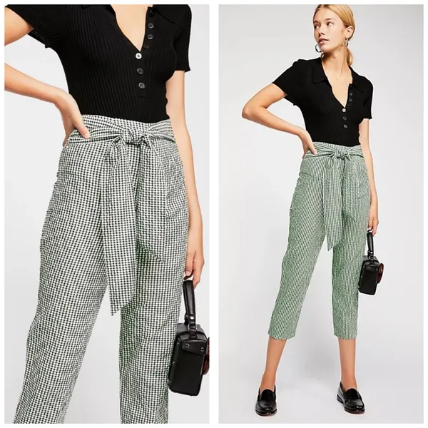 Free People West Side Tie Capri Pants Size 0 Green Gingham Retro Pinup Vintage - Image 2