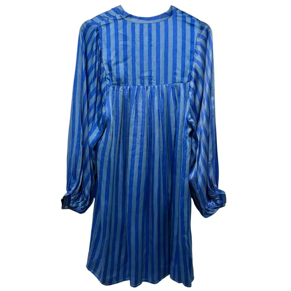 Printfresh Tunic Dress Women Sz S Satin Blue Stripe Tassle Long Puff Sleeve - Image 3