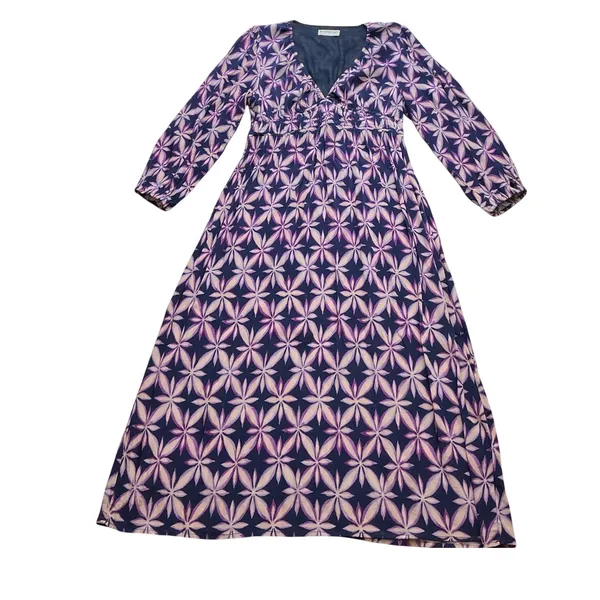 Electric & Rose Purple Geometric Floral V-Neck Smocked Maxi Dress Pockets L - Image 2