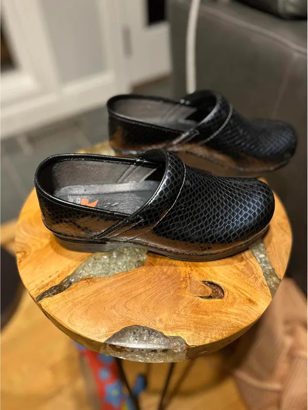 Dansko Black/Blue Leather Clogs with Textured Pattern - Image 3