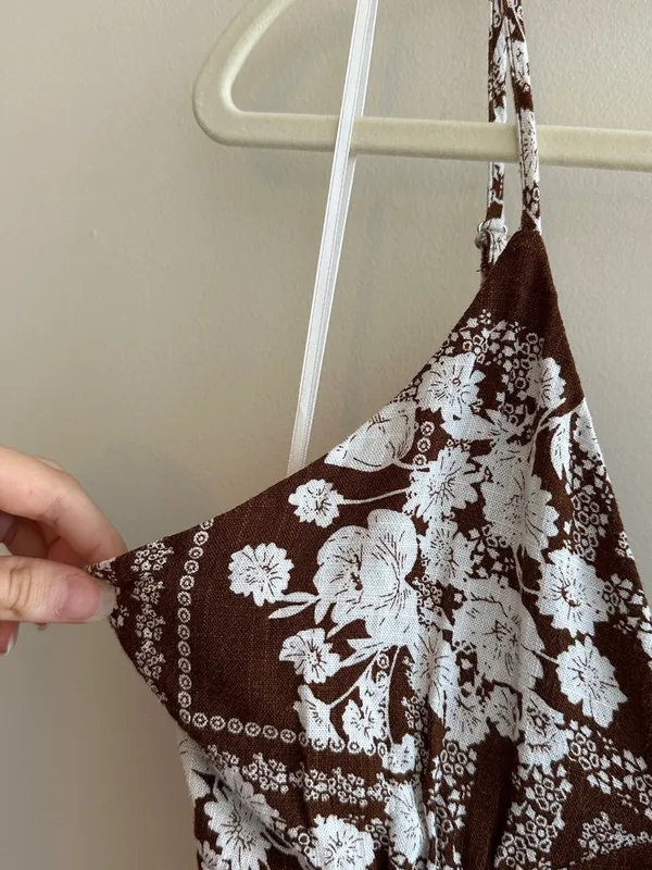 Paper Heart Anthropologie Chocolate Brown Floral Linen Maxi Dress, Size Large - Image 9