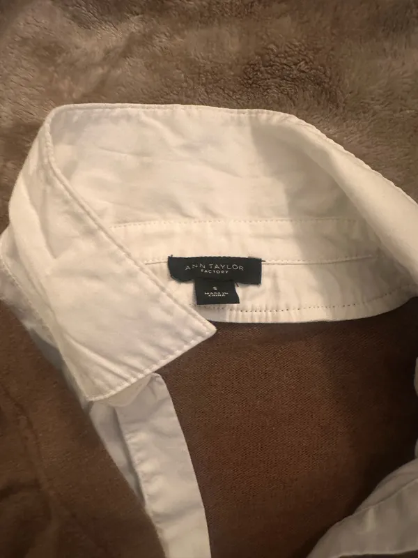 Brown collared cardigan white button up layered top - Image 2