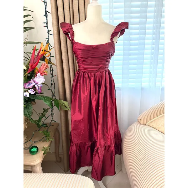 Lulus Poised Passion Wine Red Taffeta Pleated Ruffled Midi Dress - Image 5