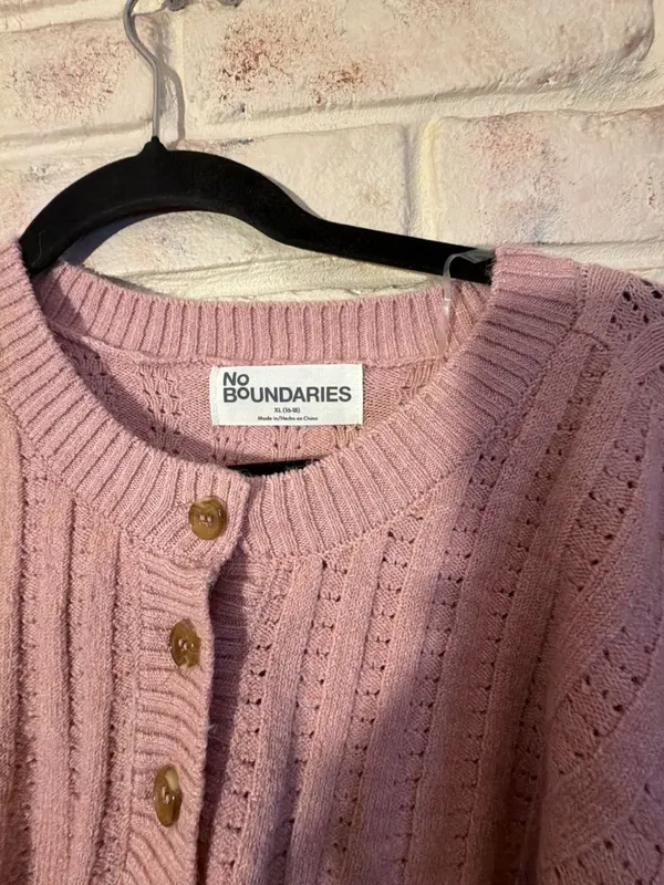 No Boundaries Pink Pointelle Henley Drop Shoulder Pullover Sweater - Image 2
