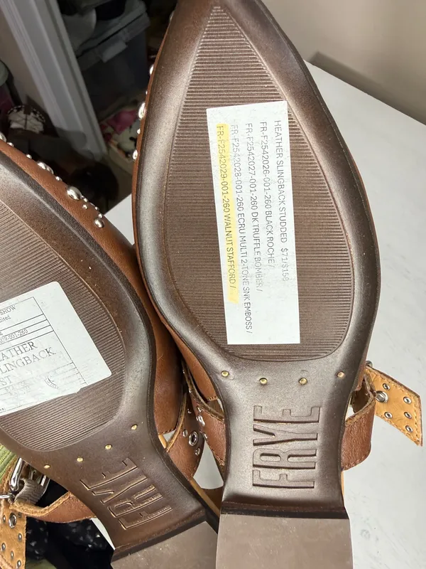 Frye HEATHER SLINGBACK STUDDED Flat Pointed Silver & Walnut Leather - Image 10
