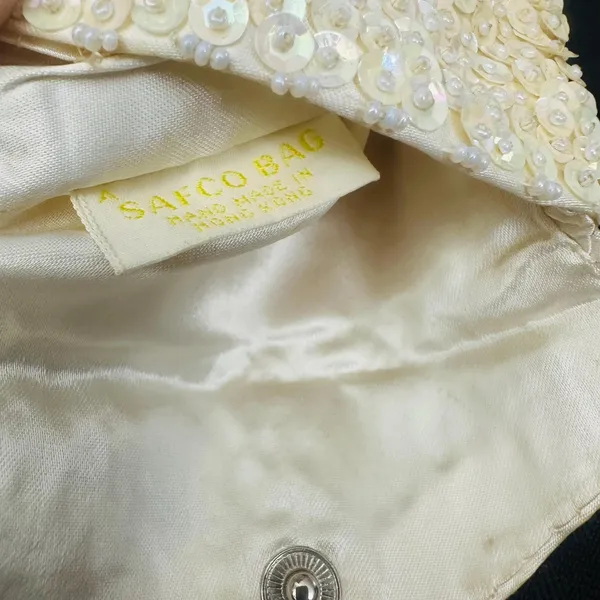 Vintage Safco Beaded Sequin Coin Purse‎ Ivory Evening Bag Handmade Hong Kong - Image 5