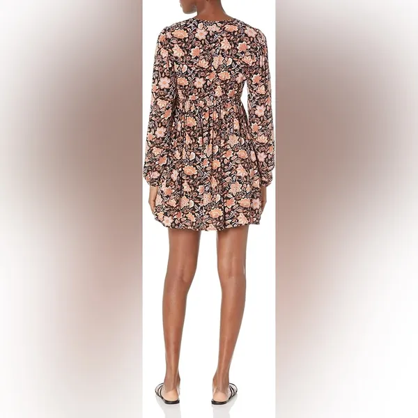 Billabong Sweetest Dream Floral Mini Dress Black Pebble Long Sleeve L - Image 6