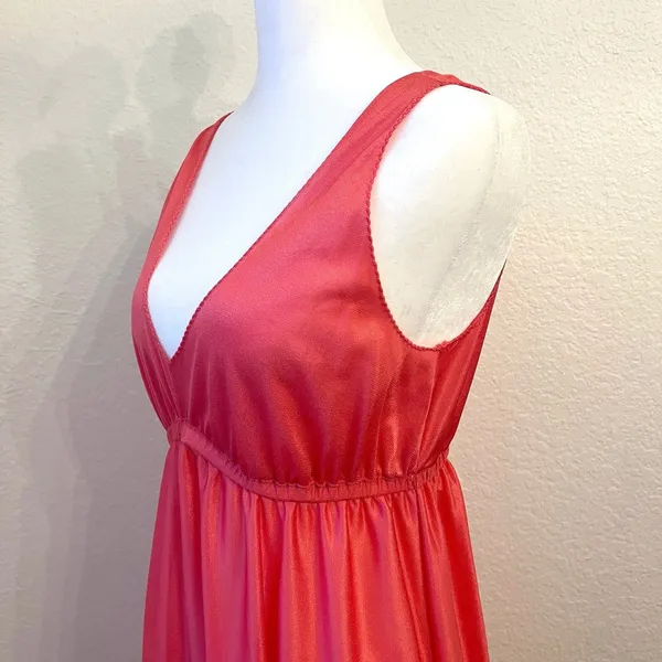 Vintage 70s Maxi Babydoll Slip Dress M Nylon Tiered Coral Nightgown Coquette - Image 2