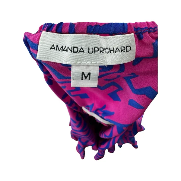Amanda Uprichard Silk Halter Dress Medium‎ Pink Blue Print Ruffle Trim Summer - Image 4