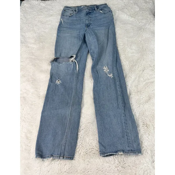 Abercrombie 90s Straight Jeans 28/6L Ultra High Rise Distressed Light Wash Y2K - Image 2