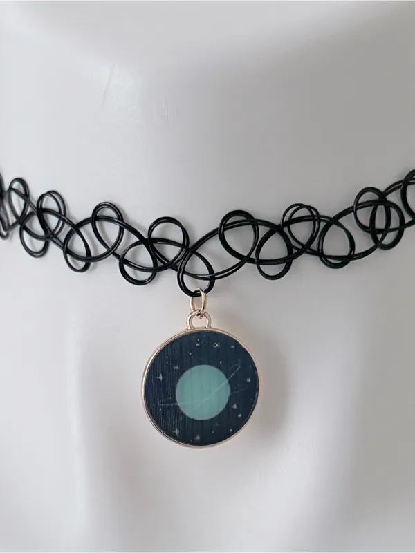 Lenticular Planet Charm Choker Necklace Handmade - Image 2