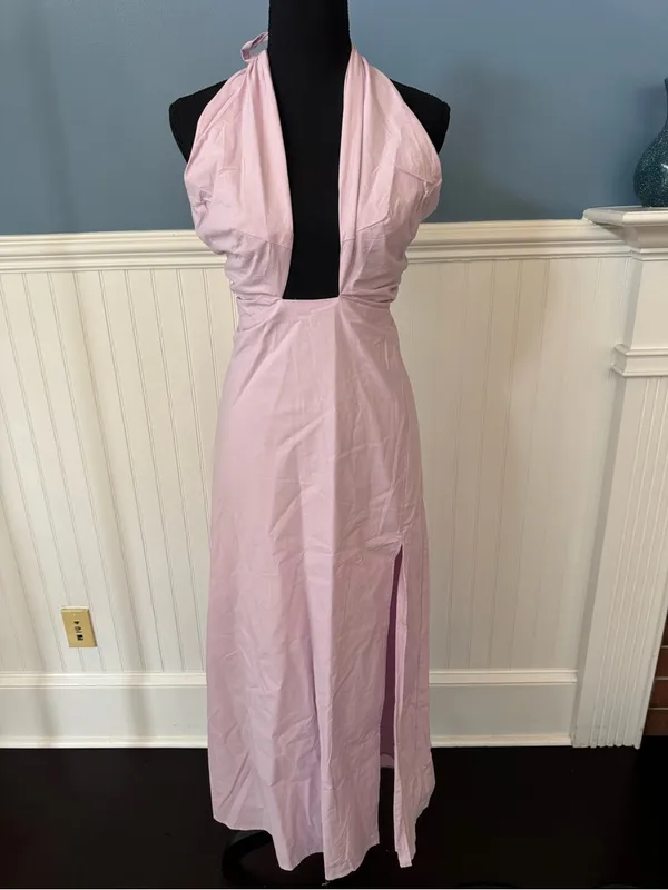 NWT Self Contrast Pink Halter Neck Backless Maxi Dress w/ Side Slit ~ Size Large - Image 2