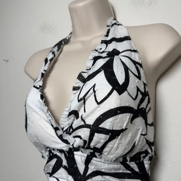 VTG y2k BCX Women Halter Neck Babydoll Top Large White Cotton Black Floral Party - Image 2