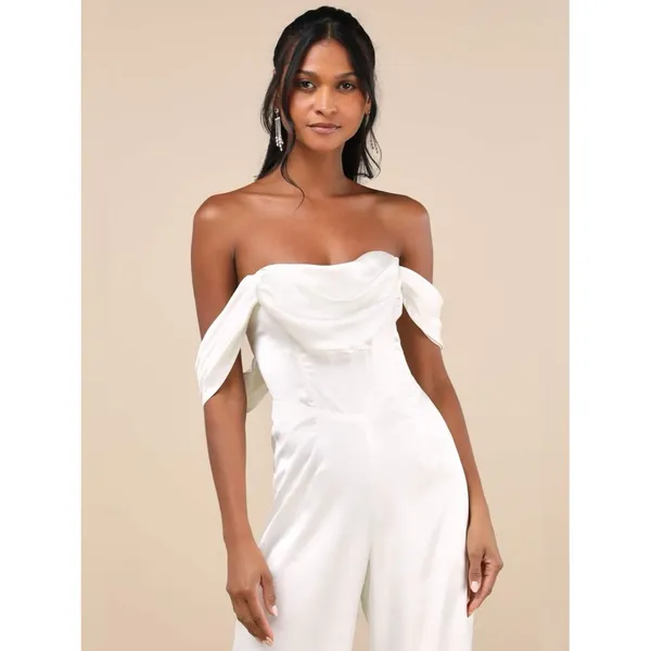 Lulus Unbelievable Aura White Satin Off-the-Shoulder Jumpsuit Size Large Bridal - Image 3