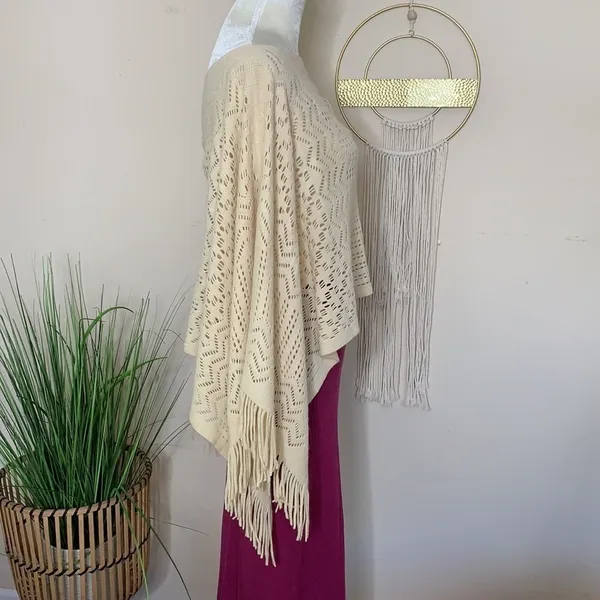 Boho western fringe poncho knit sweater /coverup - Image 3