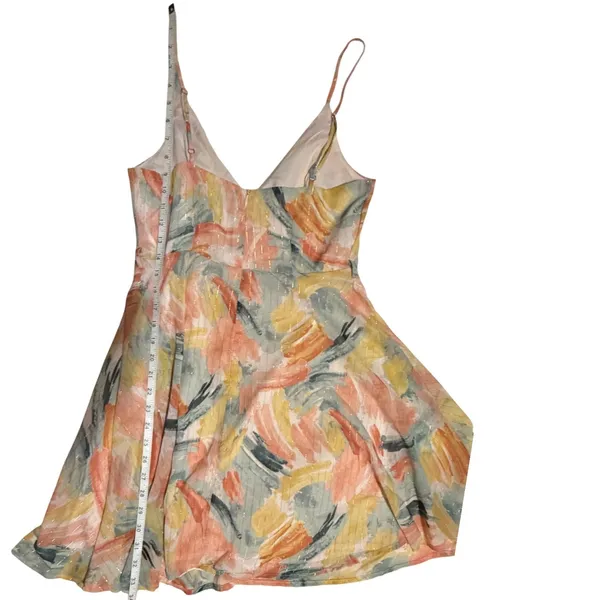 Lulus Peach Yellow Abstract Brushstroke Gold Pinstripe Mini Dress Small‎ - Image 9