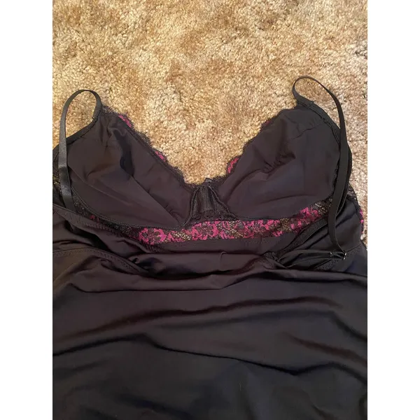 Black Chemise Nightgown Slip Dress with Pink Lace Trim and Bow Y2K - Image 6