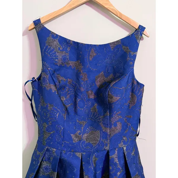 Allure Bridals Bridesmaids Navy Blue Brocade Fit Flare Pleated Dress Size‎ 14 - Image 2
