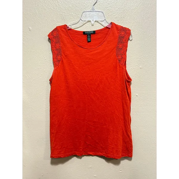 Lauren Ralph Lauren Orange Knit Tank Top with Crochet Trim Sleeveless Large‎ - Image 3