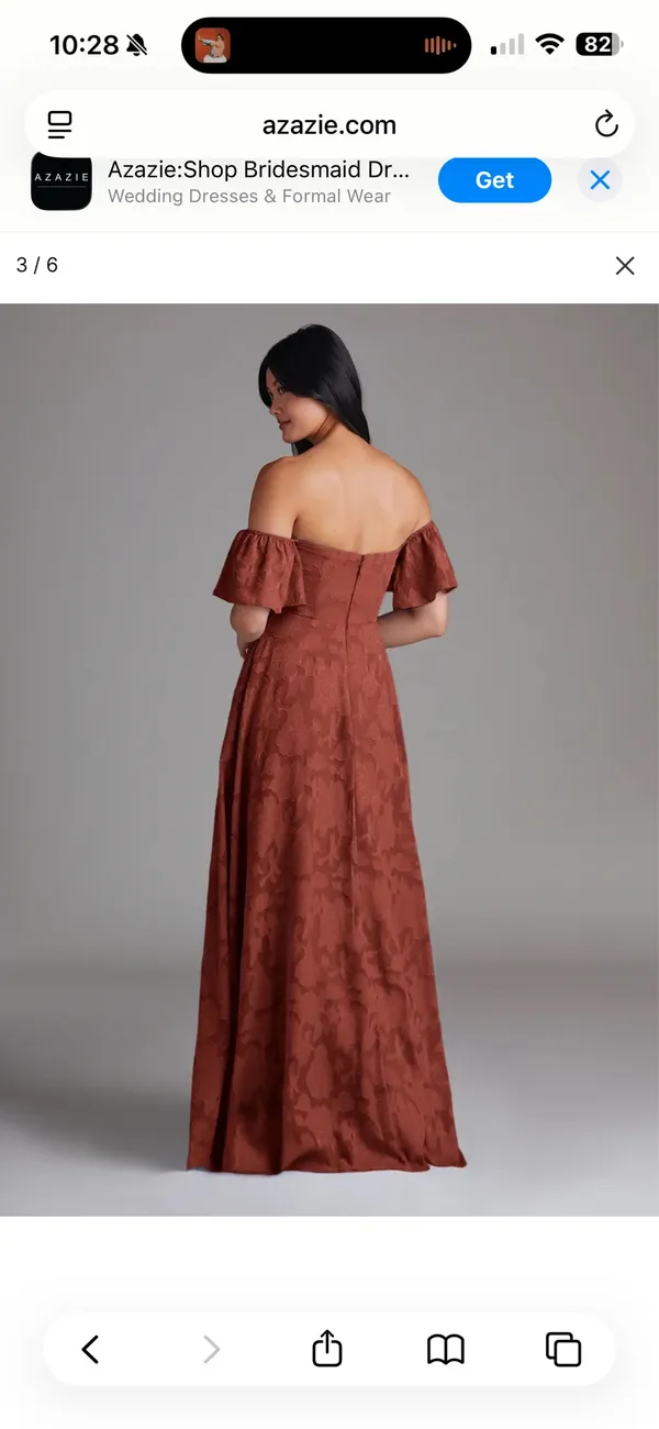 Azazie Off-Shoulder Rust Floral Jacquard Gown with Front Slit - Image 10