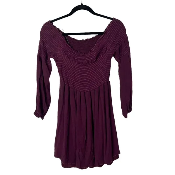 Altar'd State Maroon Red Smocked Off the Shoulder‎ Long Sleeve Mini Dress L - Image 2