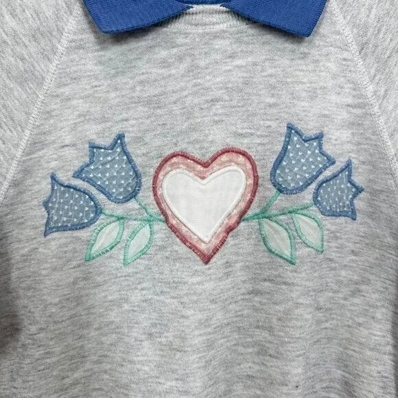 Lee Vintage 80s Collared Grannycore Sweater Grey Hearts & Tulips Embroidered Size L - Image 8