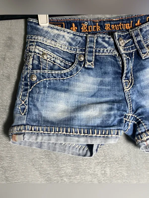 Rock Revival Womens Blue Jean Embroidered Denim Shorts Size 25 Amy Short zebra - Image 2