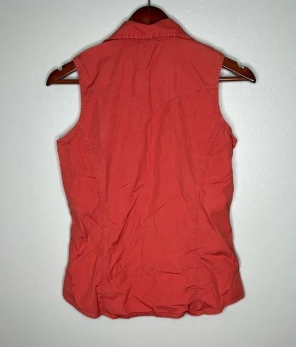 Carhartt Shirt Womens Red Poplin Snap Front Sleeveless Collared Blouse sz small - Image 3