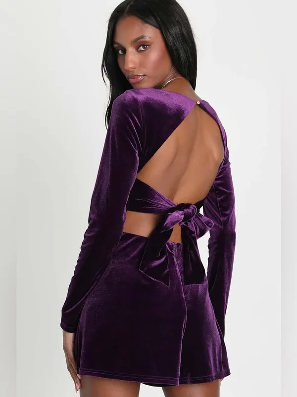 Lulu's Feeling Cheery Purple Velvet Long Sleeve Tie-Back Romper - Image 2