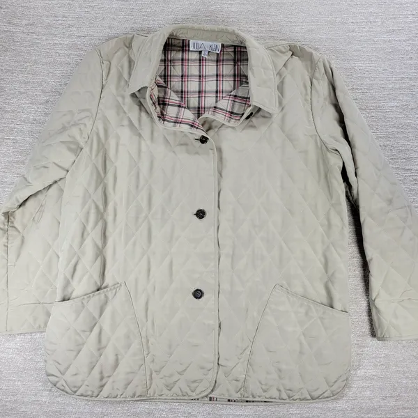 Julia Klein Quilted Jacket Large Beige Plaid Lined Preppy Equestrian Barn Coat - Image 14