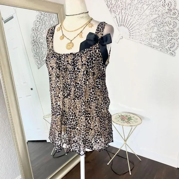 Early 2000's Cheetah Leopard Mesh Bow Babydoll Top S - Image 4