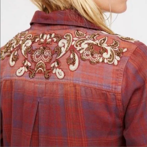 NWOT Free People Embroidered Plaid Tunic Shirt Boho Medium - Image 3