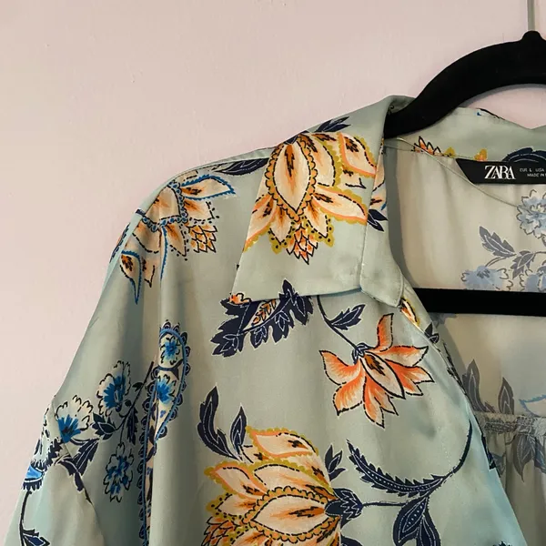 Zara Mint Green Paisley Floral Long Sleeve Button Down Shirt Boho Flowy Large - Image 3