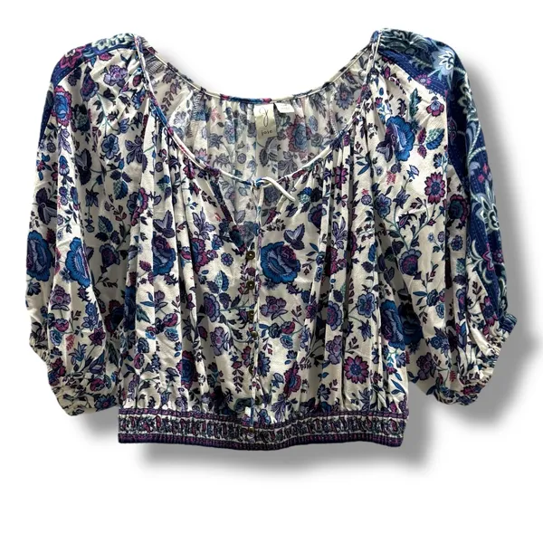 Joie Folk Song Cropped Off Shoulder‎ Floral Top Peasant Boho Purple Blue White S - Image 3