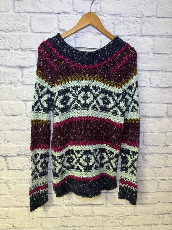 Free People Reed Fair Isle Print Chunk Knit Sweater Wool Linen Alpaca Medium - Image 14