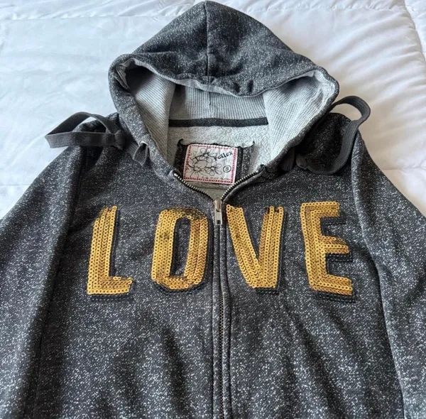 Women’s Charcoal Zip-Up Hoodie with Gold Sequin “LOVE” Graphic – Casual Glam Sweatshirt (S) - Image 4