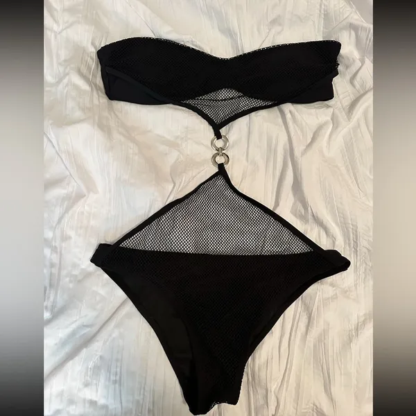 Black Mesh Cutout  Bikini with Ring Detail - Image 3