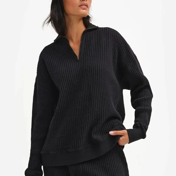 MATE Waffle collared 1/2‎ zip Pullover Size M Black Organic Waffle Sweatshirt - Image 2