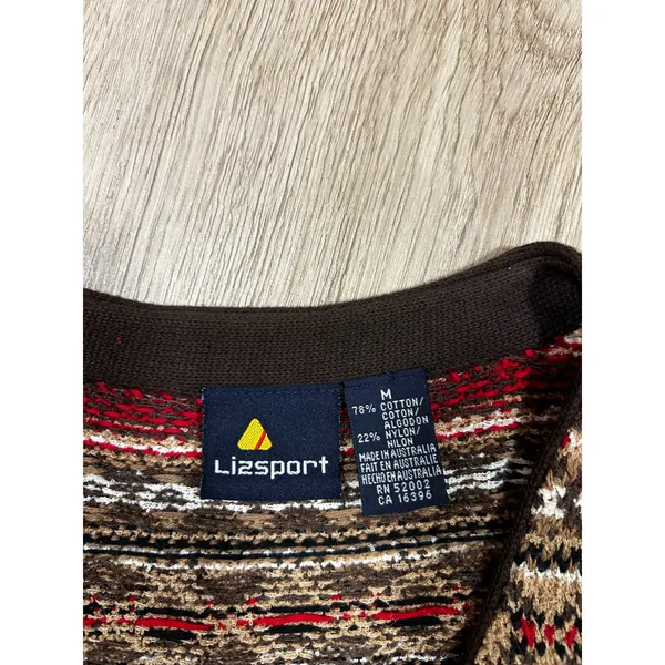 Vintage Lizsport Fair Isle Sweater Vest Brown Red Cotton Blend Button Front M - Image 3