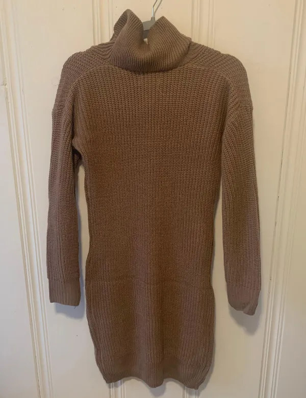 Brown Taupe Ribbed Knit Funnel Neck Sweater Dress - Image 2